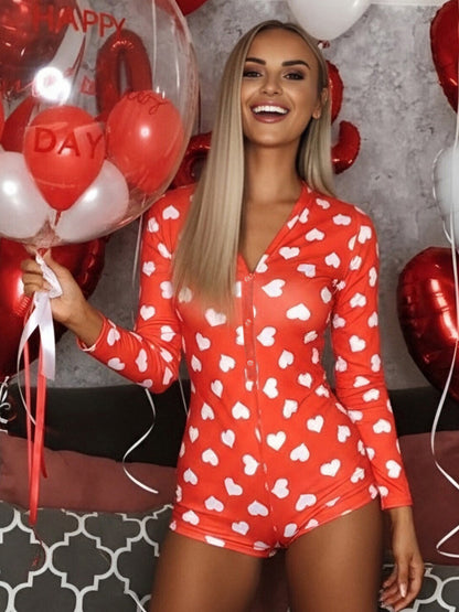 Lips Print Romper Pajamas For Women - Sexy V Neck Long Sleeve Button Front Bodycon Onesie Sleepwear - Valentine's Day 2026