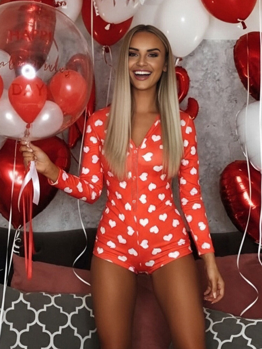 Lips Print Romper Pajamas For Women - Sexy V Neck Long Sleeve Button Front Bodycon Onesie Sleepwear - Valentine's Day 2026