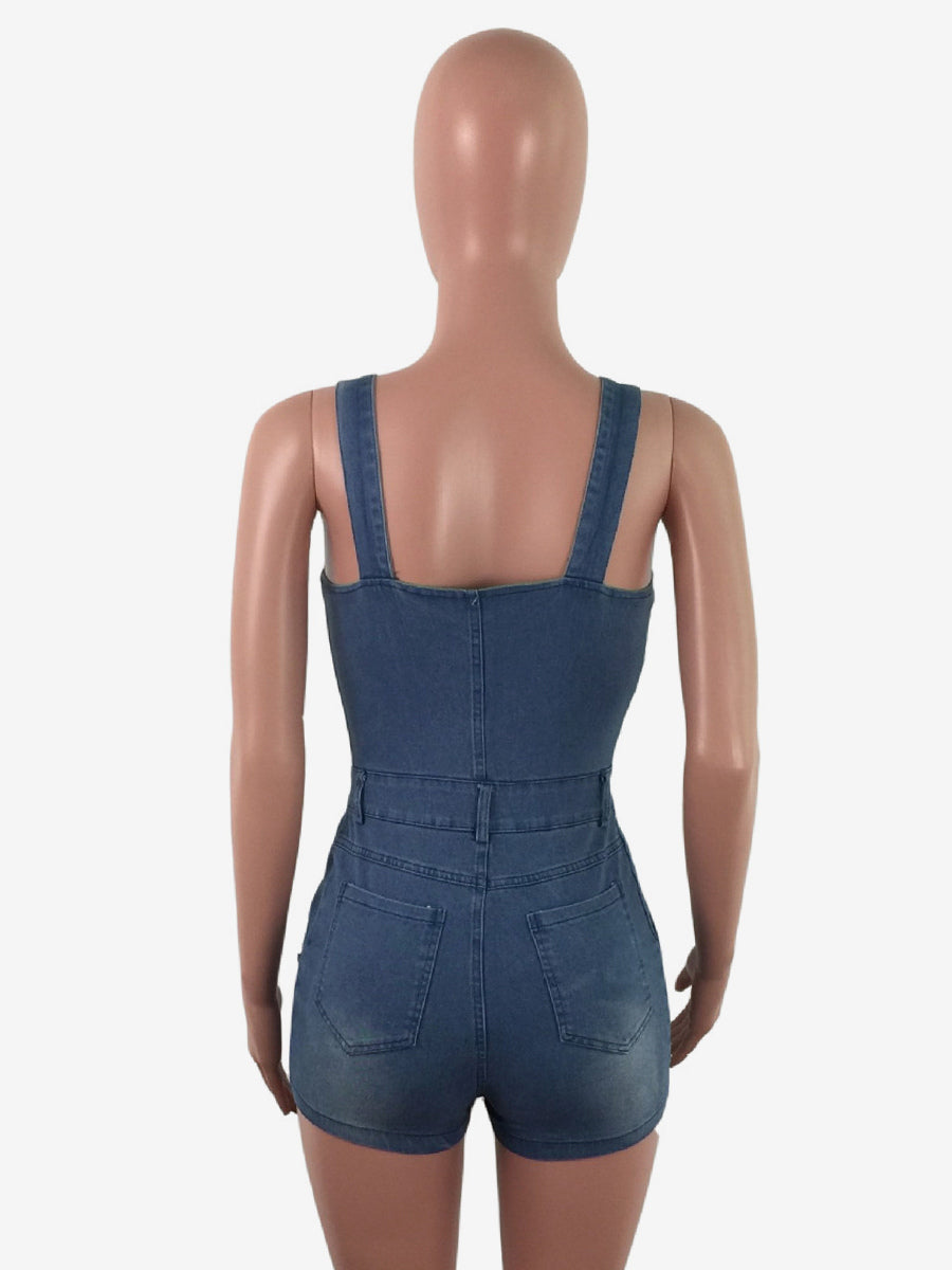 Slim Fit Denim Romper For Women - Blue Sexy Button Up Distressed Ripped Jean Jumpsuit Shorts - Summer Outdoor Party 2026