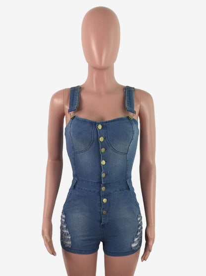 Slim Fit Denim Romper For Women - Blue Sexy Button Up Distressed Ripped Jean Jumpsuit Shorts - Summer Outdoor Party 2026