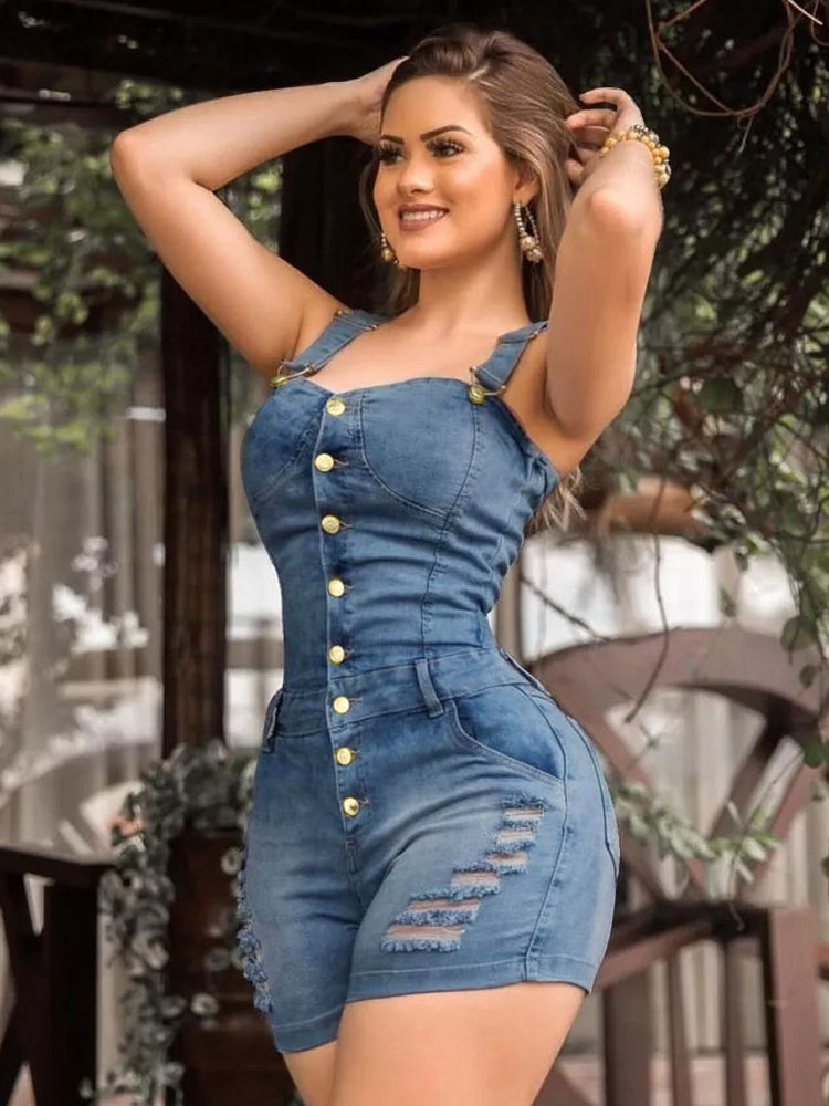 Slim Fit Denim Romper For Women - Blue Sexy Button Up Distressed Ripped Jean Jumpsuit Shorts - Summer Outdoor Party 2026