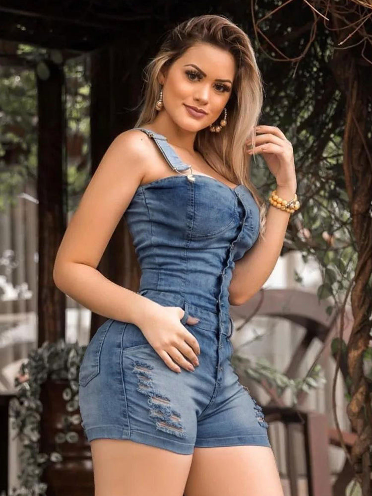 Slim Fit Denim Romper For Women - Blue Sexy Button Up Distressed Ripped Jean Jumpsuit Shorts - Summer Outdoor Party 2026