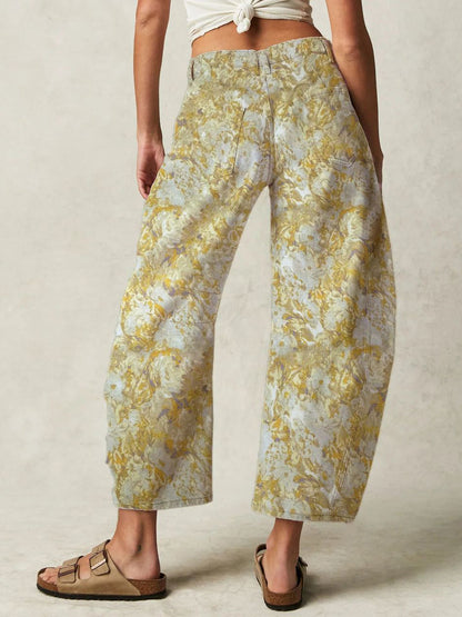 Floral Barrel Jeans For Women -Yellow Retro Horseshoe Baggy Denim Trousers - Spring Casual Streetwear 2026