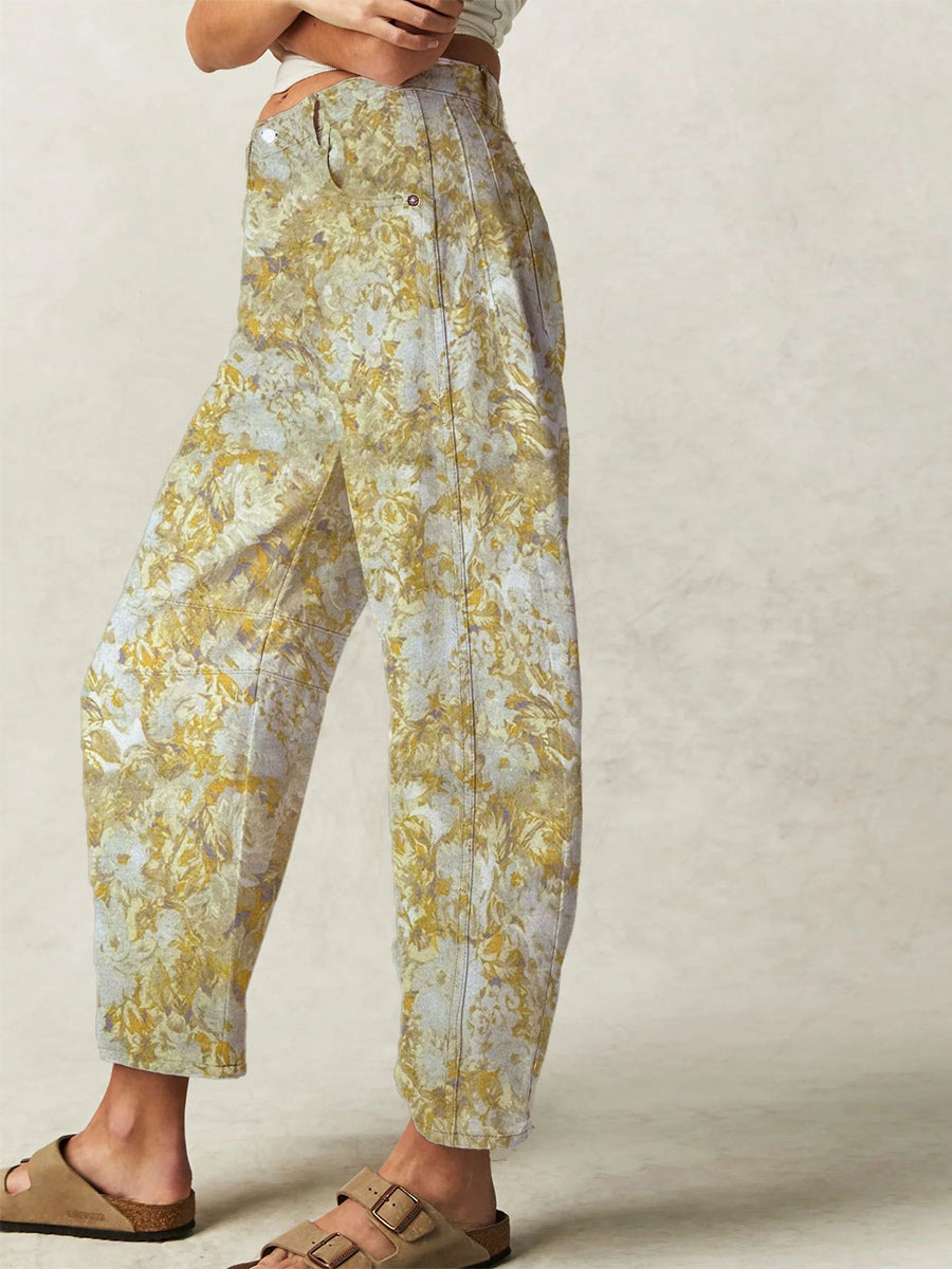 Floral Barrel Jeans For Women -Yellow Retro Horseshoe Baggy Denim Trousers - Spring Casual Streetwear 2026