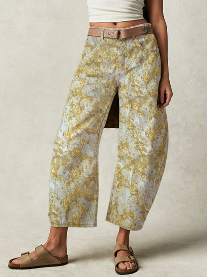 Floral Barrel Jeans For Women -Yellow Retro Horseshoe Baggy Denim Trousers - Spring Casual Streetwear 2026