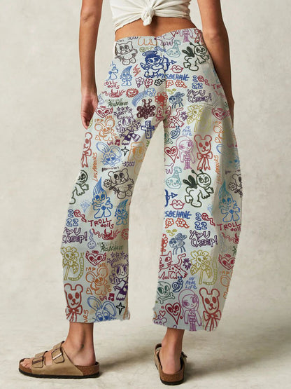 Graffiti Print Barrel Jeans For Women - Boho Horseshoe Cut Wide Leg Denim Trousers - Spring Picnic Outfit 2026