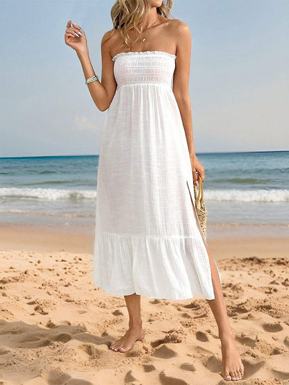2-in-1 Beach Cover Up Dress For Women - White Smocked Maxi Skirt Side Slit Flowy Sundress - Summer Beach Vacation 2026