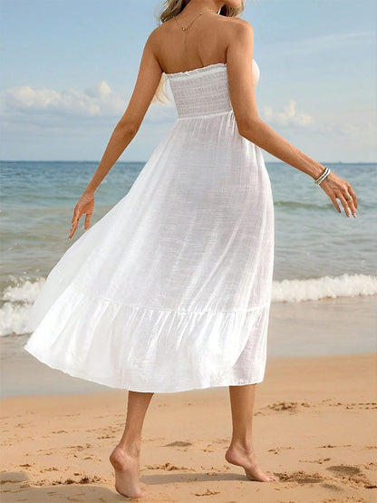 2-in-1 Beach Cover Up Dress For Women - White Smocked Maxi Skirt Side Slit Flowy Sundress - Summer Beach Vacation 2026