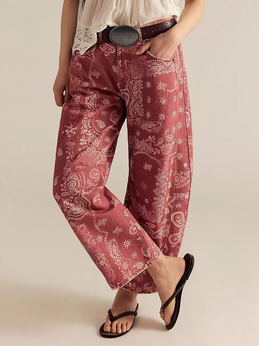 Paisley Print Barrel Jeans For Women - Pink Boho Horseshoe Cut Wide Leg Denim Pants - Spring Music Festival 2026