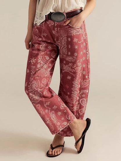 Paisley Print Barrel Jeans For Women - Pink Boho Horseshoe Cut Wide Leg Denim Pants - Spring Music Festival 2026