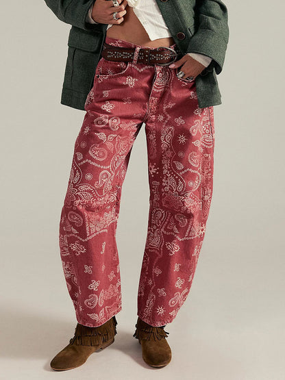 Paisley Print Barrel Jeans For Women - Pink Boho Horseshoe Cut Wide Leg Denim Pants - Spring Music Festival 2026