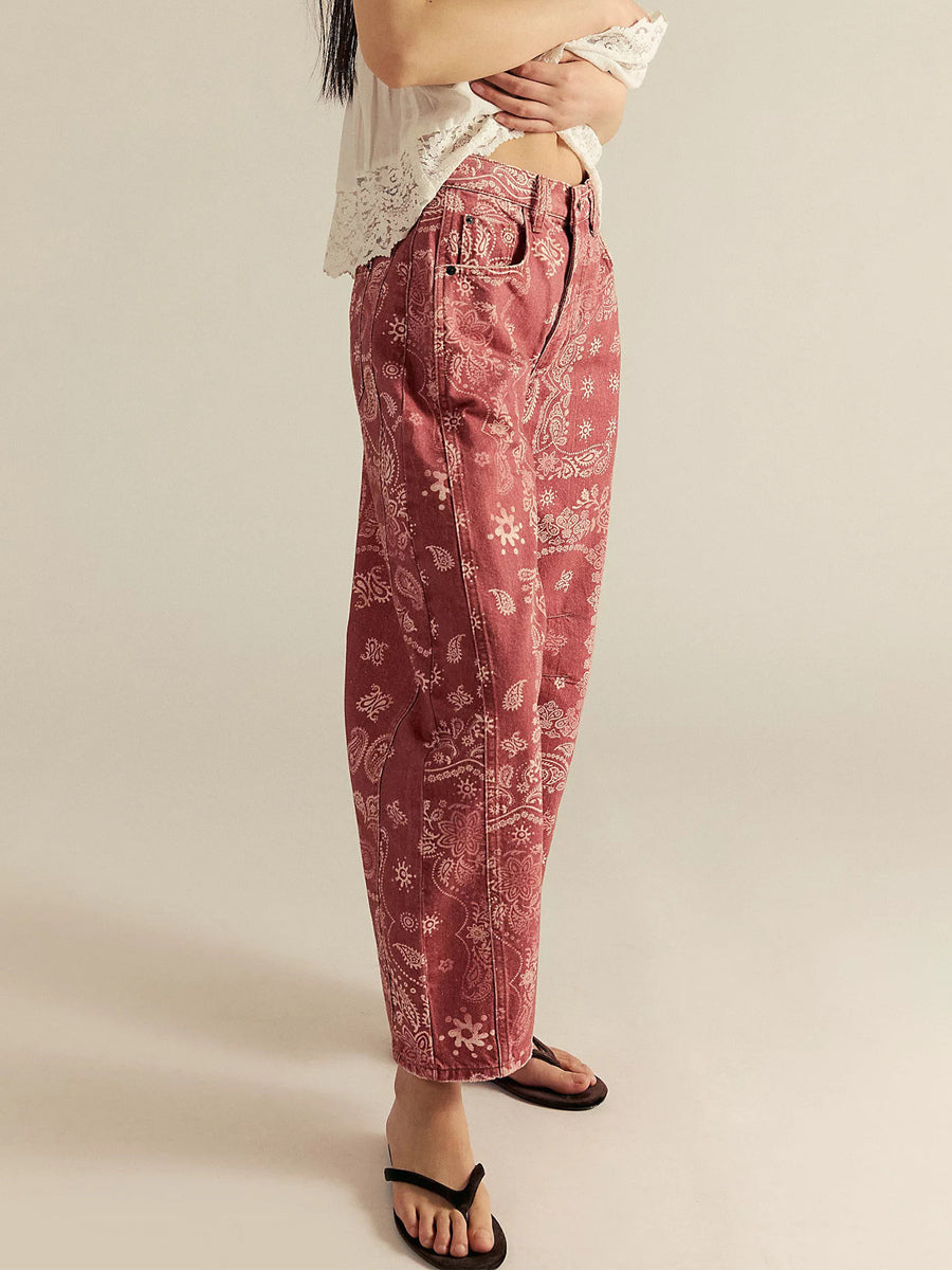 Paisley Print Barrel Jeans For Women - Pink Boho Horseshoe Cut Wide Leg Denim Pants - Spring Music Festival 2026