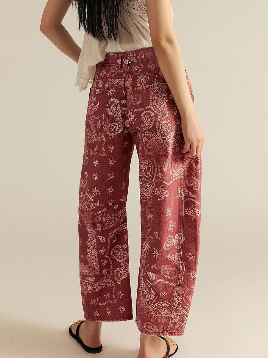 Paisley Print Barrel Jeans For Women - Pink Boho Horseshoe Cut Wide Leg Denim Pants - Spring Music Festival 2026