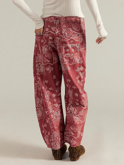 Paisley Print Barrel Jeans For Women - Pink Boho Horseshoe Cut Wide Leg Denim Pants - Spring Music Festival 2026