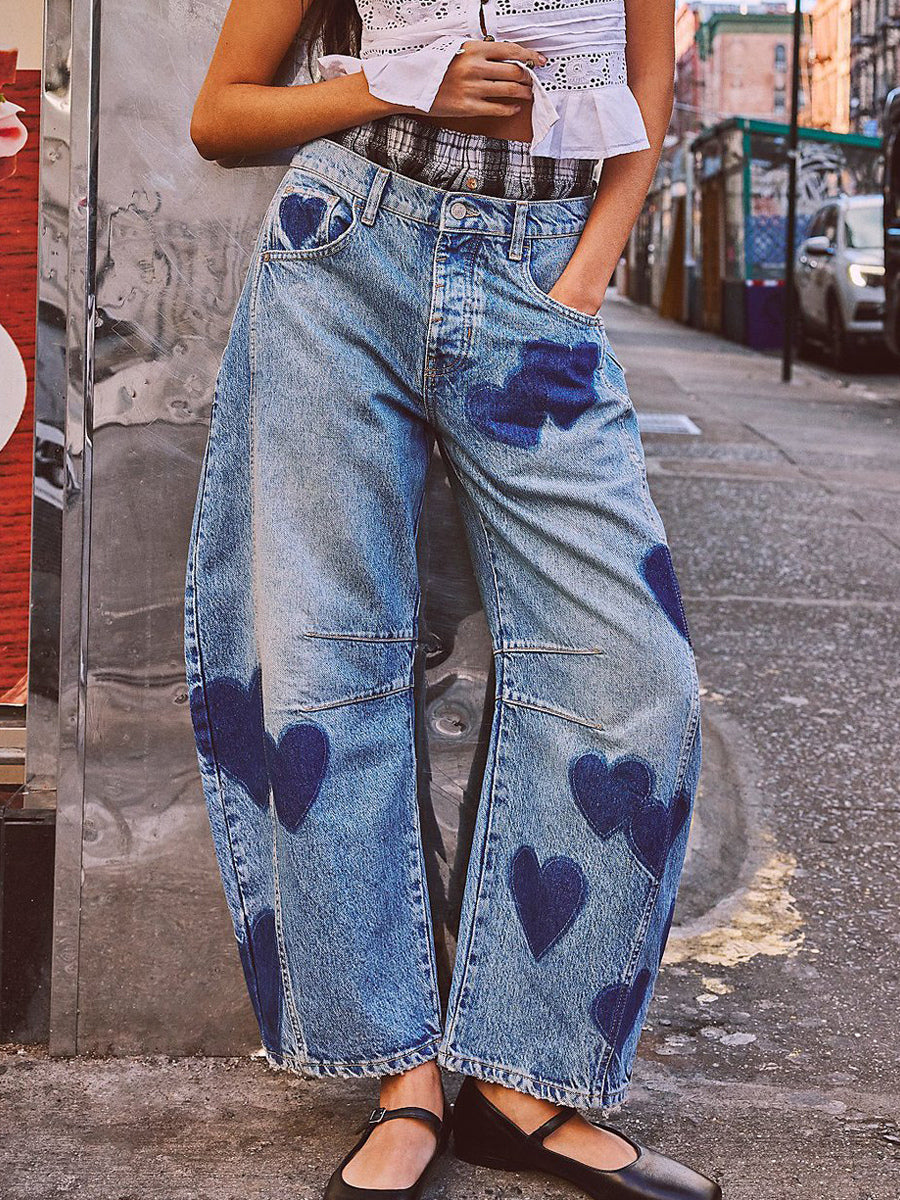 Heart Pattern Barrel Jeans For Women - Light Blue Horseshoe Baggy Denim Trousers - Spring Music Festival 2026