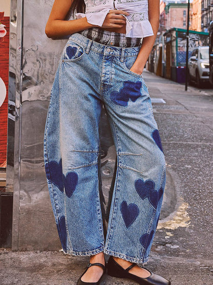 Heart Pattern Barrel Jeans For Women - Light Blue Horseshoe Baggy Denim Trousers - Spring Music Festival 2026