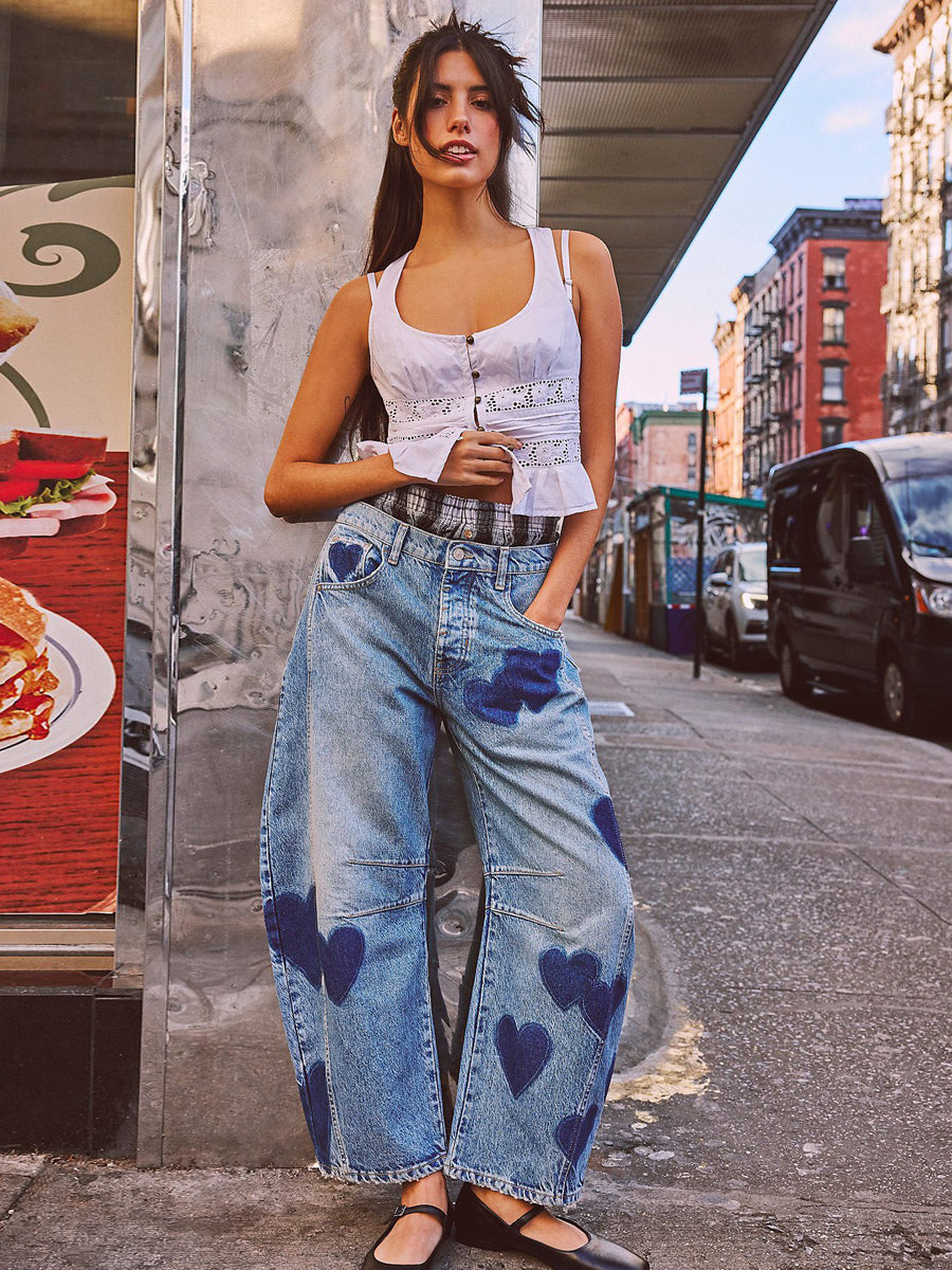 Heart Pattern Barrel Jeans For Women - Light Blue Horseshoe Baggy Denim Trousers - Spring Music Festival 2026