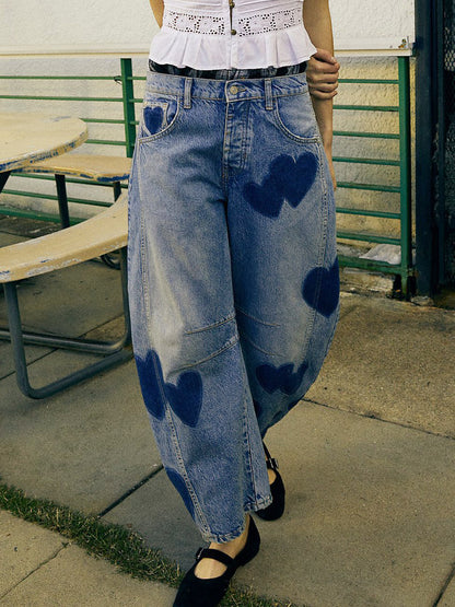 Heart Pattern Barrel Jeans For Women - Light Blue Horseshoe Baggy Denim Trousers - Spring Music Festival 2026