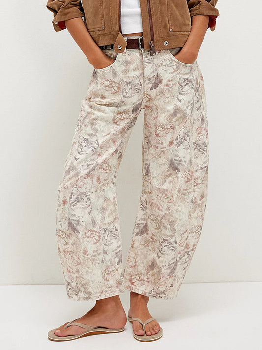 Cat Print Barrel Jeans For Women - Neutral Beige Retro Horseshoe Wide Leg Denim Trousers - Spring Casual Streetwear 2026