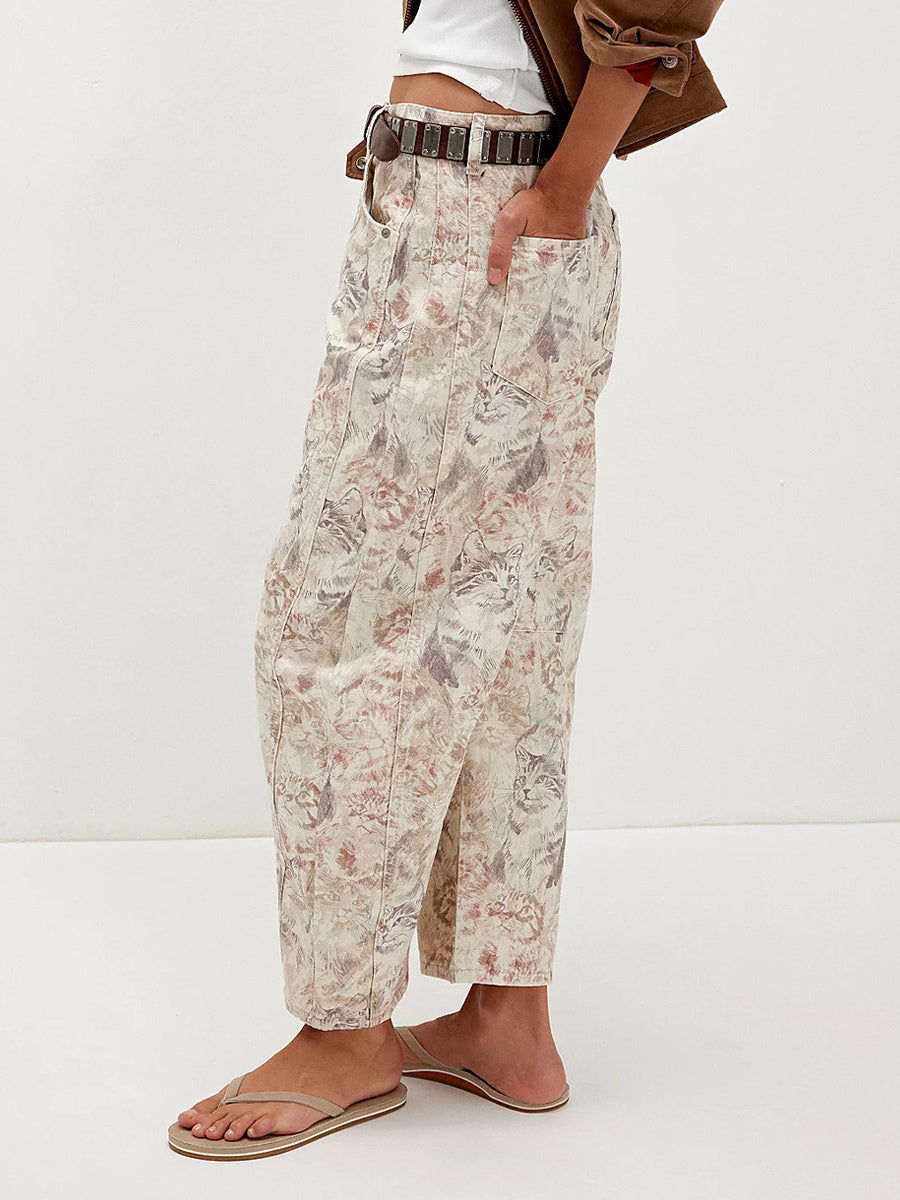 Cat Print Barrel Jeans For Women - Neutral Beige Retro Horseshoe Wide Leg Denim Trousers - Spring Casual Streetwear 2026