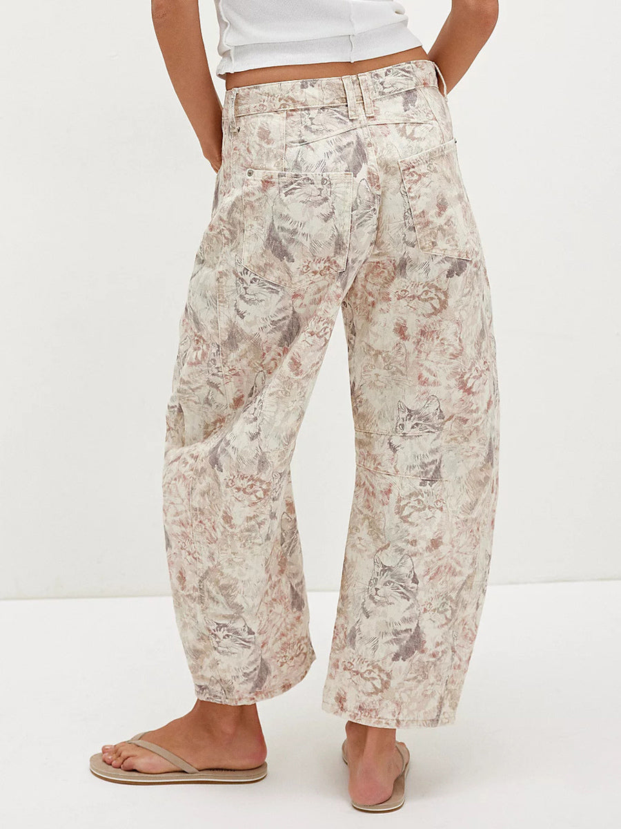 Cat Print Barrel Jeans For Women - Neutral Beige Retro Horseshoe Wide Leg Denim Trousers - Spring Casual Streetwear 2026