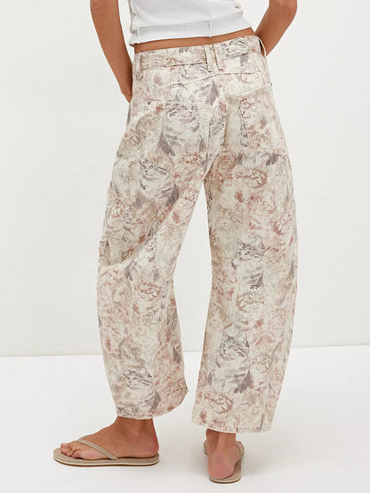 Cat Print Barrel Jeans For Women - Neutral Beige Retro Horseshoe Wide Leg Denim Trousers - Spring Casual Streetwear 2026