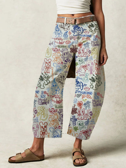 Graffiti Print Barrel Jeans For Women - Boho Horseshoe Cut Wide Leg Denim Trousers - Spring Picnic Outfit 2026