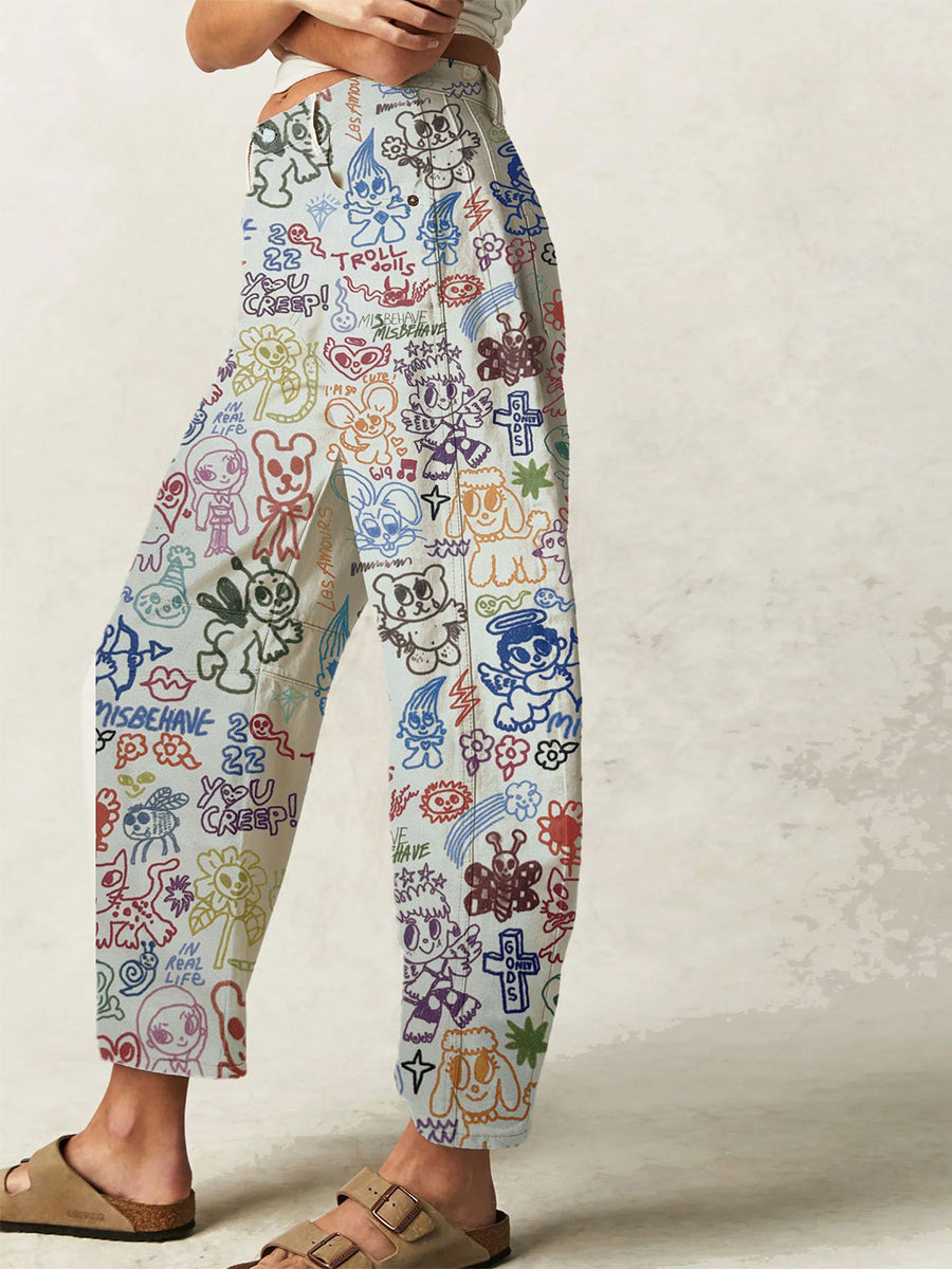 Graffiti Print Barrel Jeans For Women - Boho Horseshoe Cut Wide Leg Denim Trousers - Spring Picnic Outfit 2026