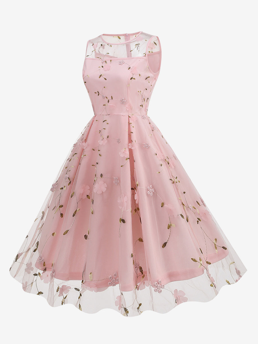 Vintage 1950s Floral Midi Dress For Women - Embroidery Mesh Illusion Neck A-Line Swing Prom Dress - Summer Cocktail 2026