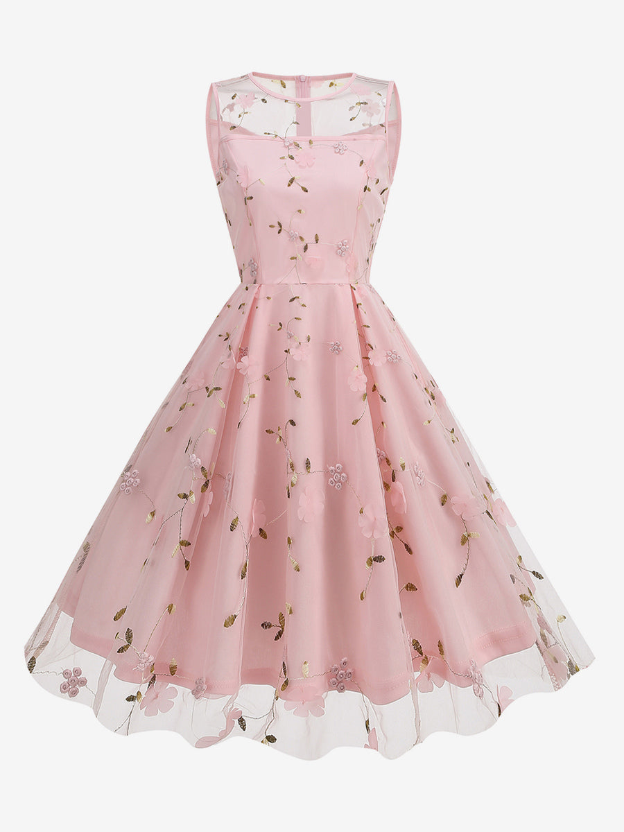 Vintage 1950s Floral Midi Dress For Women - Embroidery Mesh Illusion Neck A-Line Swing Prom Dress - Summer Cocktail 2026