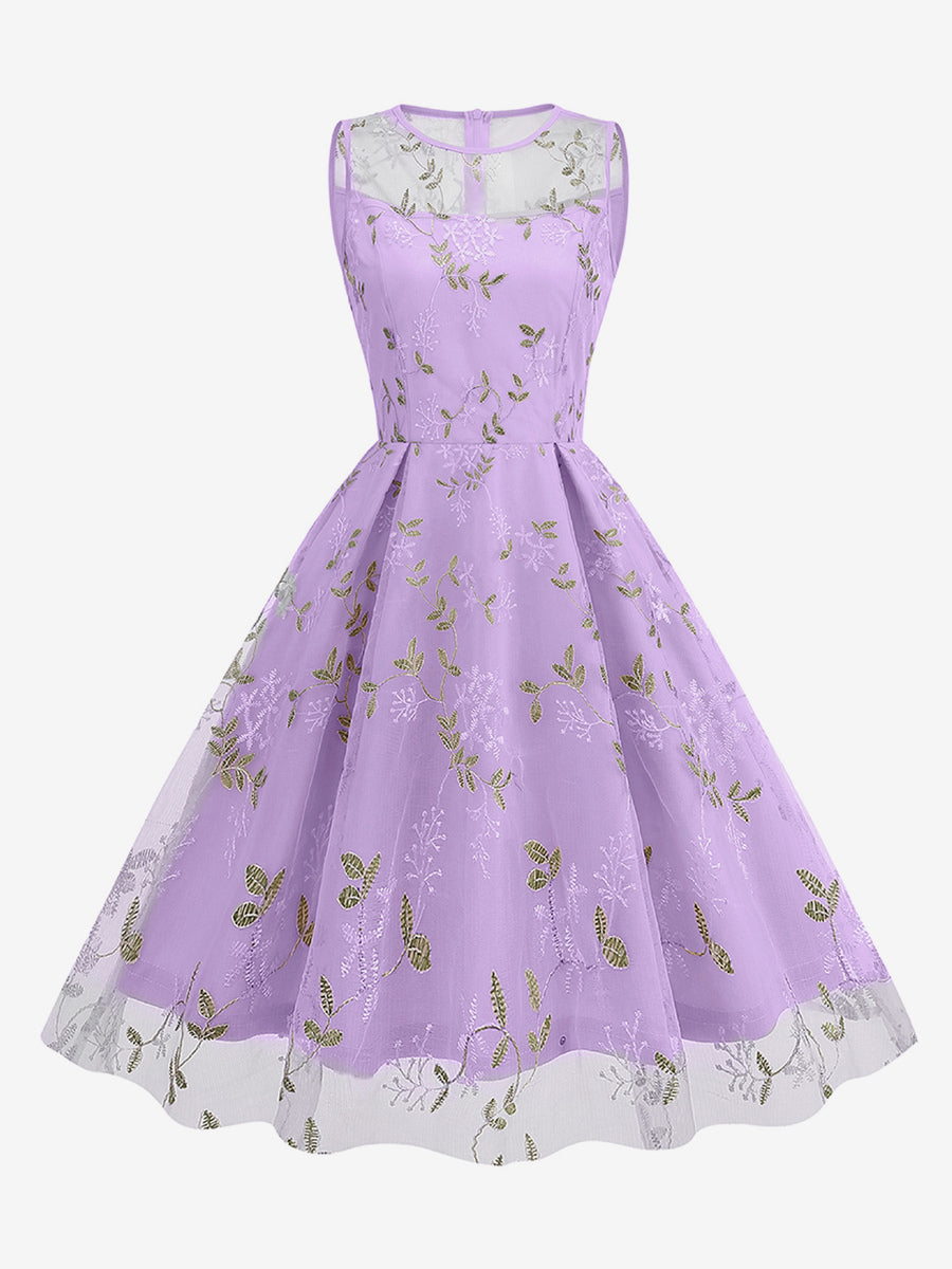Vintage 1950s Floral Midi Dress For Women - Embroidery Mesh Illusion Neck A-Line Swing Prom Dress - Summer Cocktail 2026