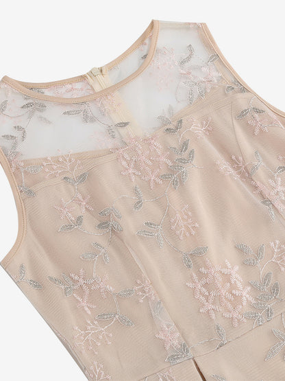 Vintage 1950s Floral Midi Dress For Women - Embroidery Mesh Illusion Neck A-Line Swing Prom Dress - Summer Cocktail 2026