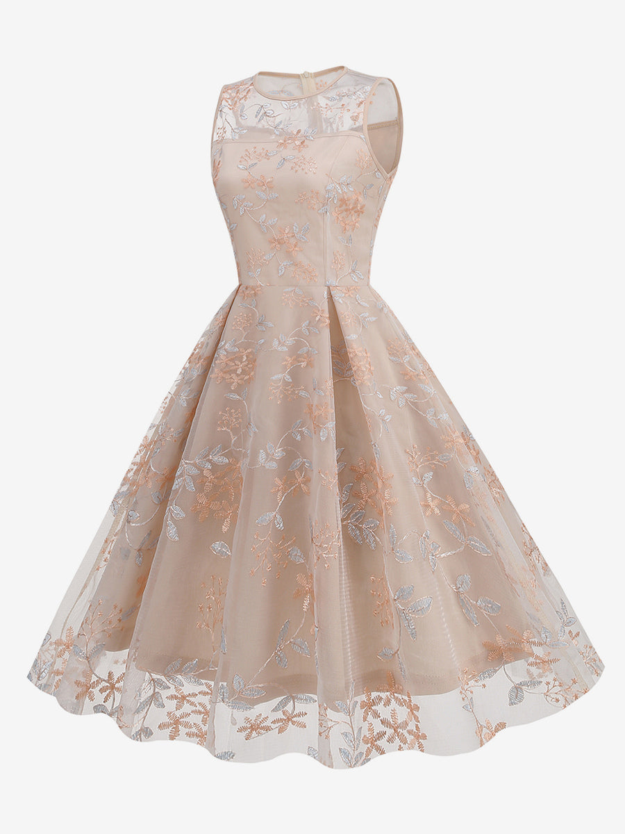 Vintage 1950s Floral Midi Dress For Women - Embroidery Mesh Illusion Neck A-Line Swing Prom Dress - Summer Cocktail 2026