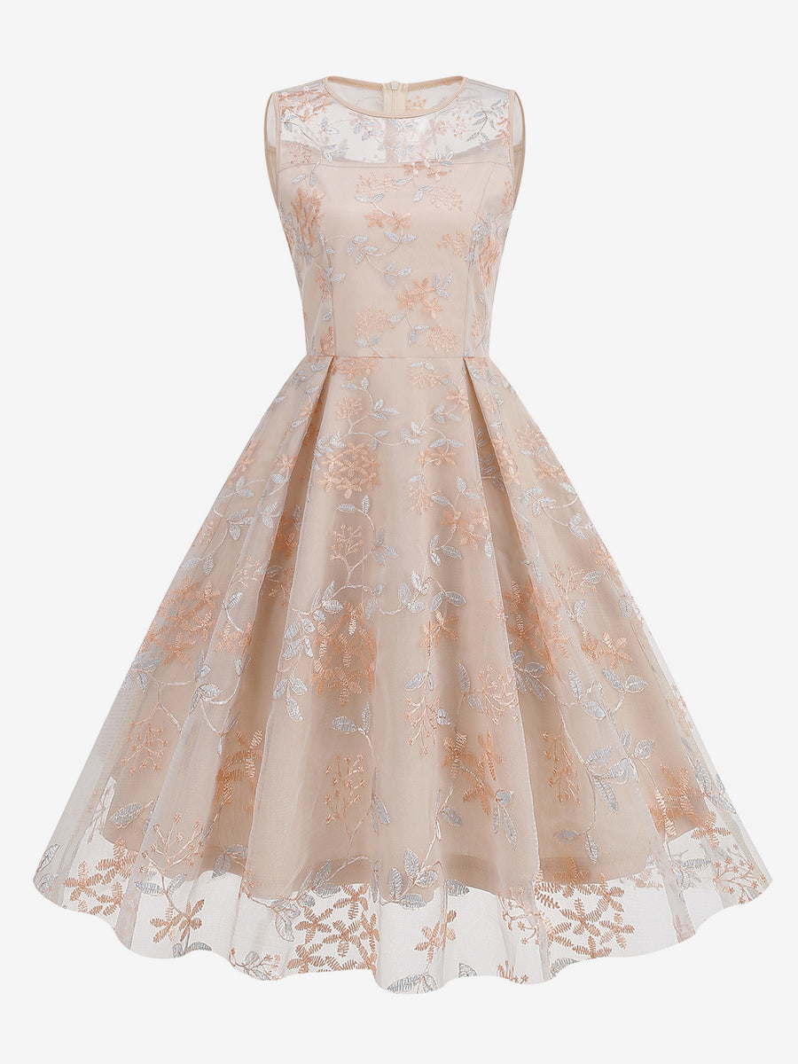 Vintage 1950s Floral Midi Dress For Women - Embroidery Mesh Illusion Neck A-Line Swing Prom Dress - Summer Cocktail 2026