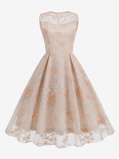 Vintage 1950s Floral Midi Dress For Women - Embroidery Mesh Illusion Neck A-Line Swing Prom Dress - Summer Cocktail 2026