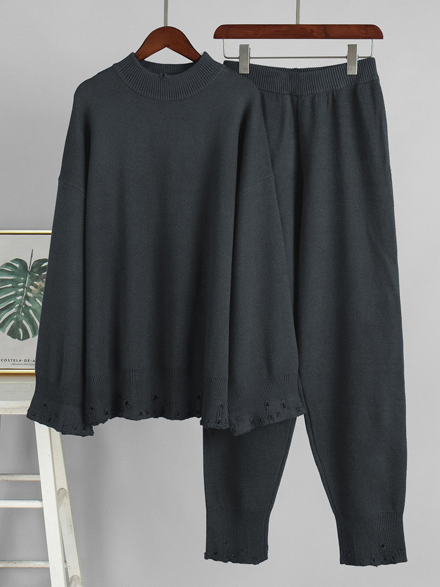 Oversized Knit 2 Piece Set For Women - Casual Distressed Sweater And Trousers - Spring Cozy Lounge Suit 2026