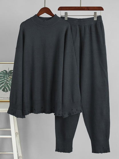 Oversized Knit 2 Piece Set For Women - Casual Distressed Sweater And Trousers - Spring Cozy Lounge Suit 2026