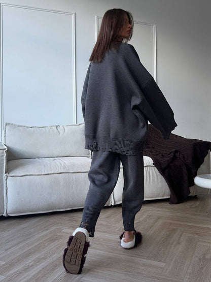 Oversized Knit 2 Piece Set For Women - Casual Distressed Sweater And Trousers - Spring Cozy Lounge Suit 2026