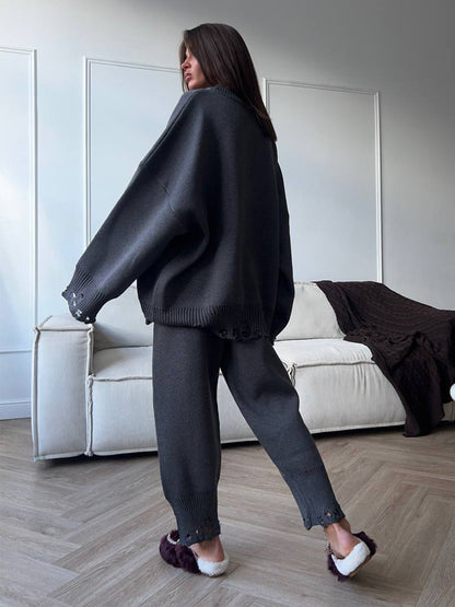 Oversized Knit 2 Piece Set For Women - Casual Distressed Sweater And Trousers - Spring Cozy Lounge Suit 2026