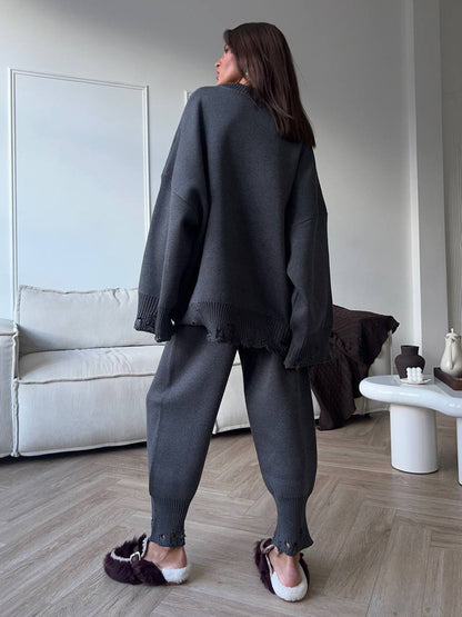 Oversized Knit 2 Piece Set For Women - Casual Distressed Sweater And Trousers - Spring Cozy Lounge Suit 2026