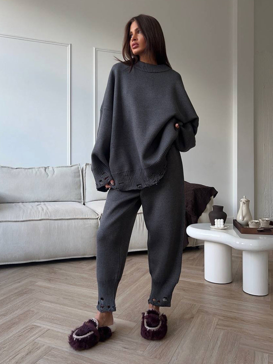Oversized Knit 2 Piece Set For Women - Casual Distressed Sweater And Trousers - Spring Cozy Lounge Suit 2026