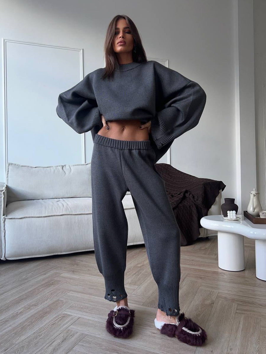 Oversized Knit 2 Piece Set For Women - Casual Distressed Sweater And Trousers - Spring Cozy Lounge Suit 2026