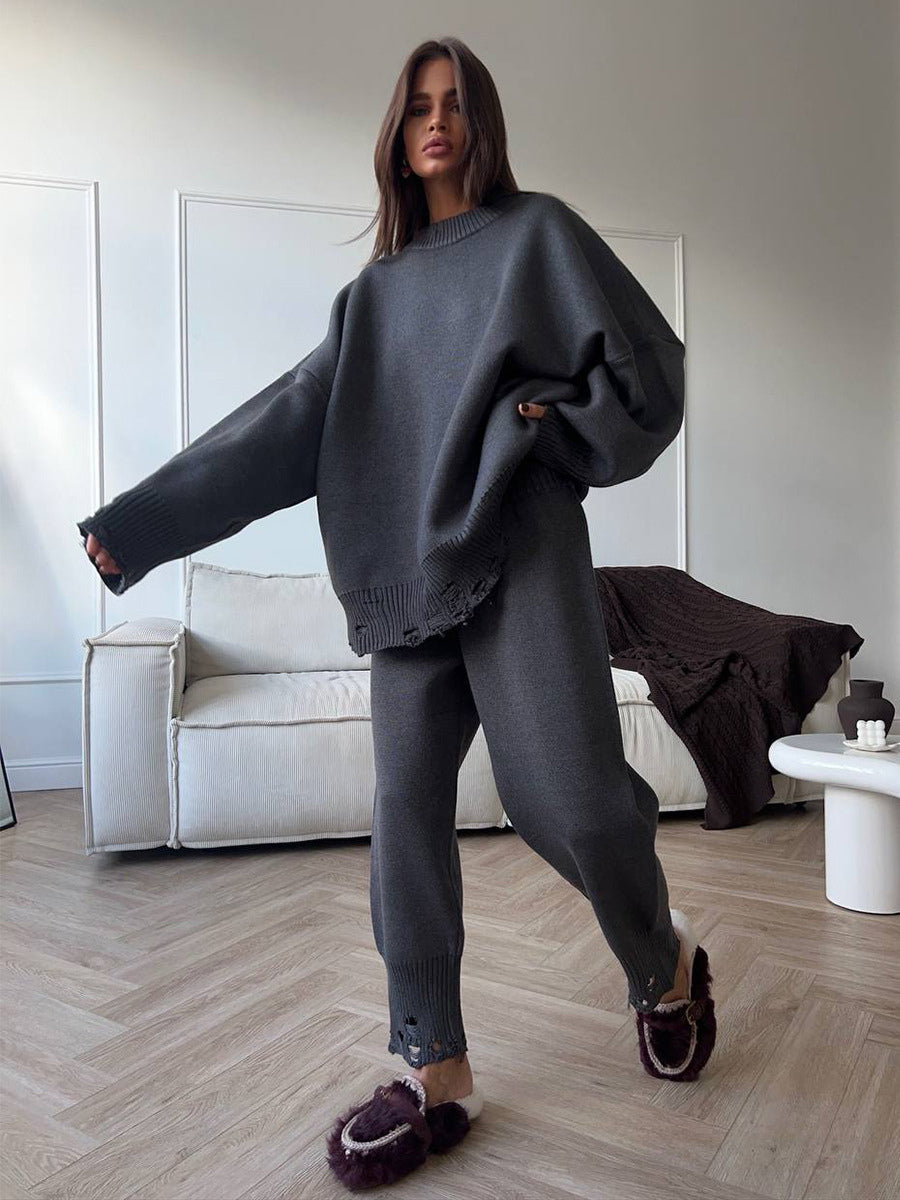 Oversized Knit 2 Piece Set For Women - Casual Distressed Sweater And Trousers - Spring Cozy Lounge Suit 2026