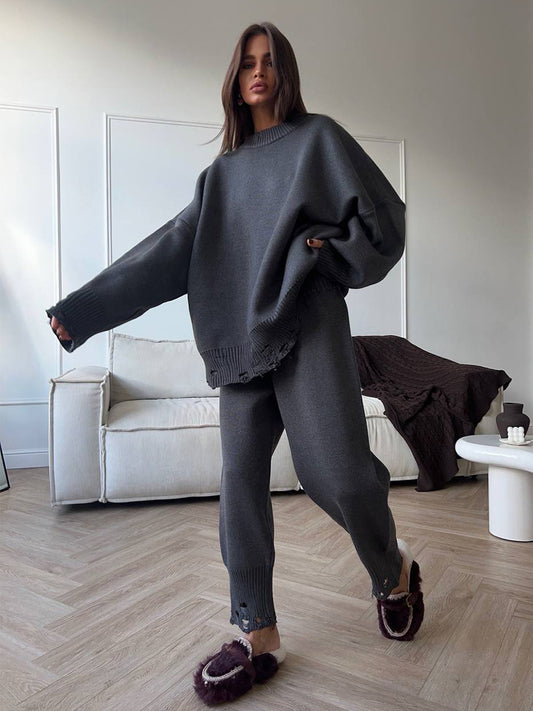 Oversized Knit 2 Piece Set For Women - Casual Distressed Sweater And Trousers - Spring Cozy Lounge Suit 2026