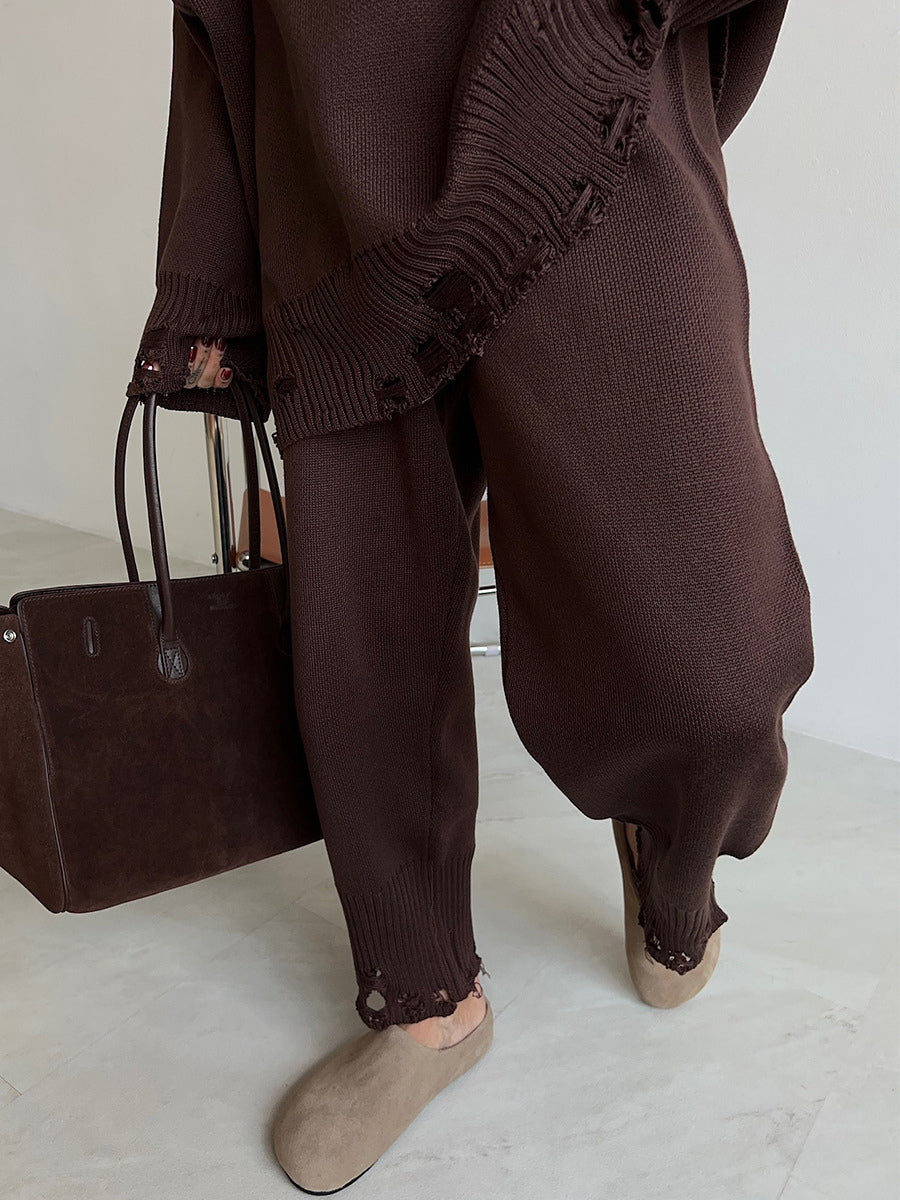 Oversized Knit 2 Piece Set For Women - Casual Distressed Sweater And Trousers - Spring Cozy Lounge Suit 2026