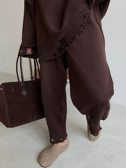 Oversized Knit 2 Piece Set For Women - Casual Distressed Sweater And Trousers - Spring Cozy Lounge Suit 2026