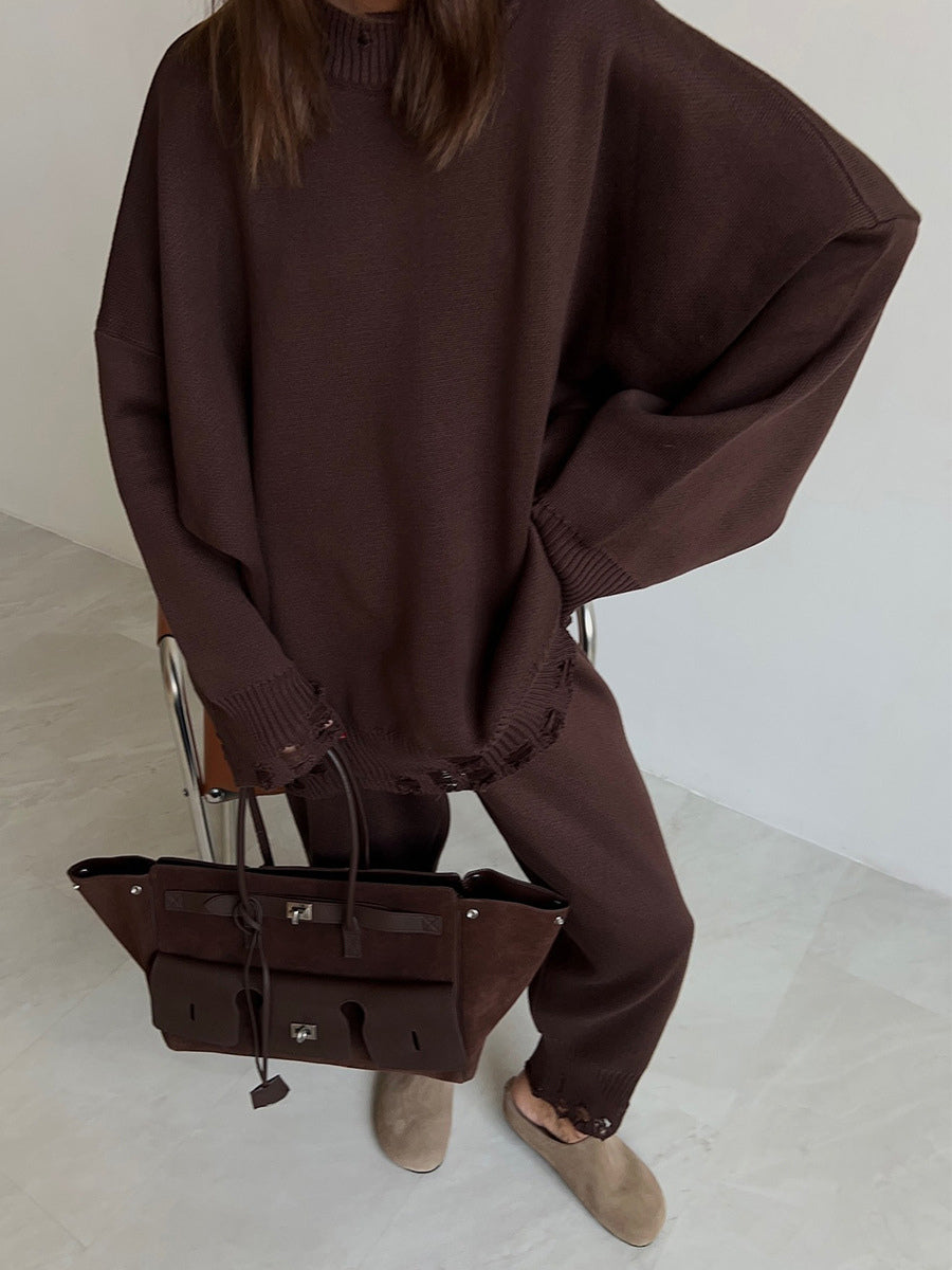 Oversized Knit 2 Piece Set For Women - Casual Distressed Sweater And Trousers - Spring Cozy Lounge Suit 2026