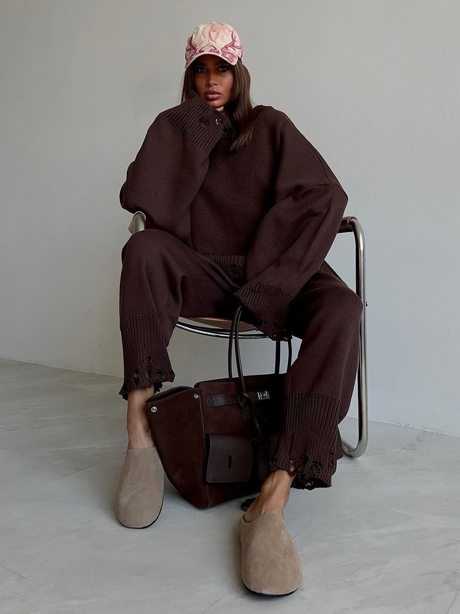 Oversized Knit 2 Piece Set For Women - Casual Distressed Sweater And Trousers - Spring Cozy Lounge Suit 2026