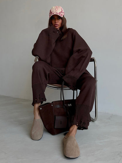 Oversized Knit 2 Piece Set For Women - Casual Distressed Sweater And Trousers - Spring Cozy Lounge Suit 2026