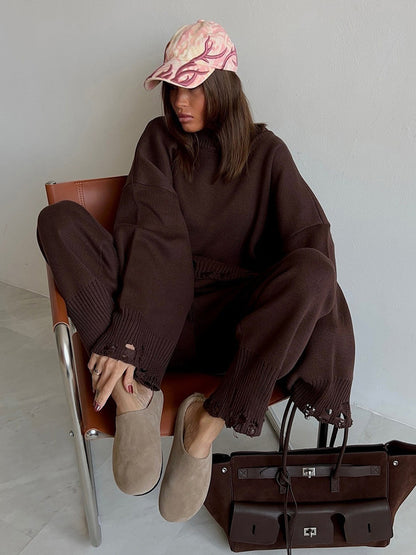 Oversized Knit 2 Piece Set For Women - Casual Distressed Sweater And Trousers - Spring Cozy Lounge Suit 2026
